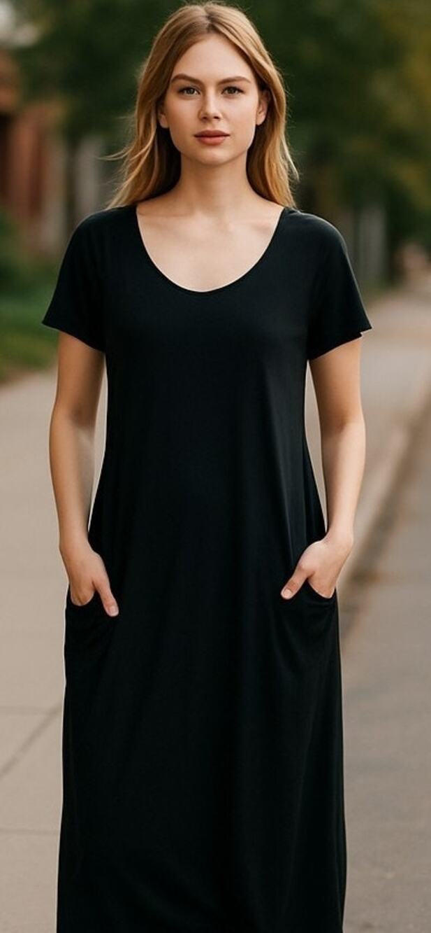 MariaCher. lagenlook maxi dress pockets black rough hem high end designer